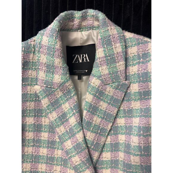 Zara Women’s Tweed Plaid Bouclé Jacket & Skort Set XS Teal Purple White - Picture 3 of 5